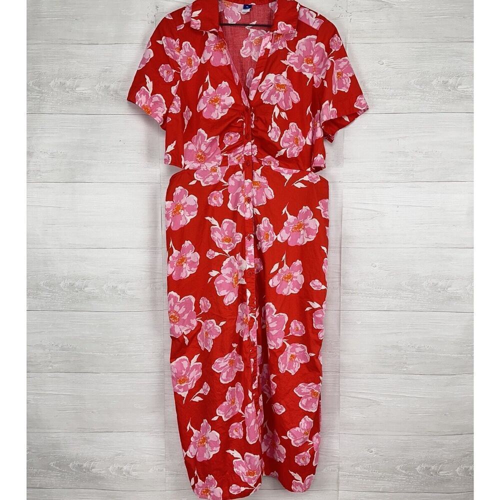 Old Navy Cutout Midi Shirt‎ Dress Women XL Red Floral Short Sleeve Button Collar - Picture 2 of 15